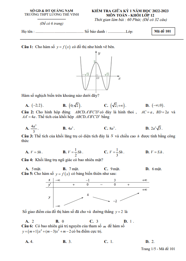 Đề giữa học kỳ 1 Toán 12 năm 2022 – 2023 trường THPT Lương Thế Vinh – Quảng Nam