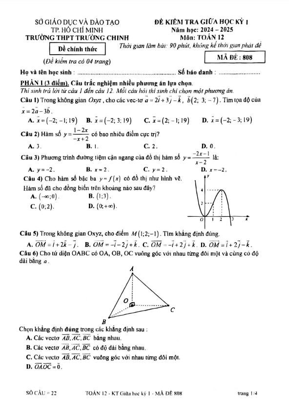 Đề giữa học kỳ 1 Toán 12 năm 2024 – 2025 trường THPT Trường Chinh – TP HCM