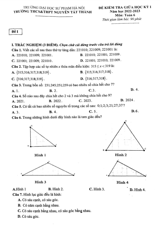 Đề giữa học kỳ 1 Toán 6 năm 2022 – 2023 trường Nguyễn Tất Thành – Hà Nội