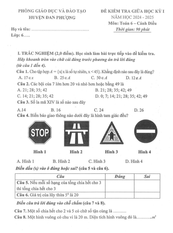 Đề giữa học kỳ 1 Toán 6 năm 2024 – 2025 phòng GD&ĐT Đan Phượng – Hà Nội