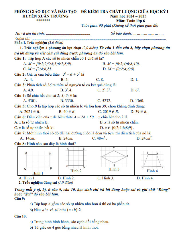 Đề giữa học kỳ 1 Toán 6 năm 2024 – 2025 phòng GD&ĐT Xuân Trường – Nam Định