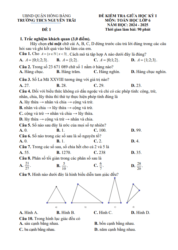 Đề giữa học kỳ 1 Toán 6 năm 2024 – 2025 trường THCS Nguyễn Trãi – Hải Phòng