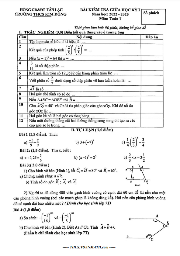 Đề giữa học kỳ 1 Toán 7 năm 2022 – 2023 trường THCS Kim Đồng – Hòa Bình