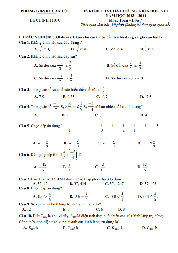 Đề giữa học kỳ 1 Toán 7 năm 2023 – 2024 phòng GD&ĐT Can Lộc – Hà Tĩnh