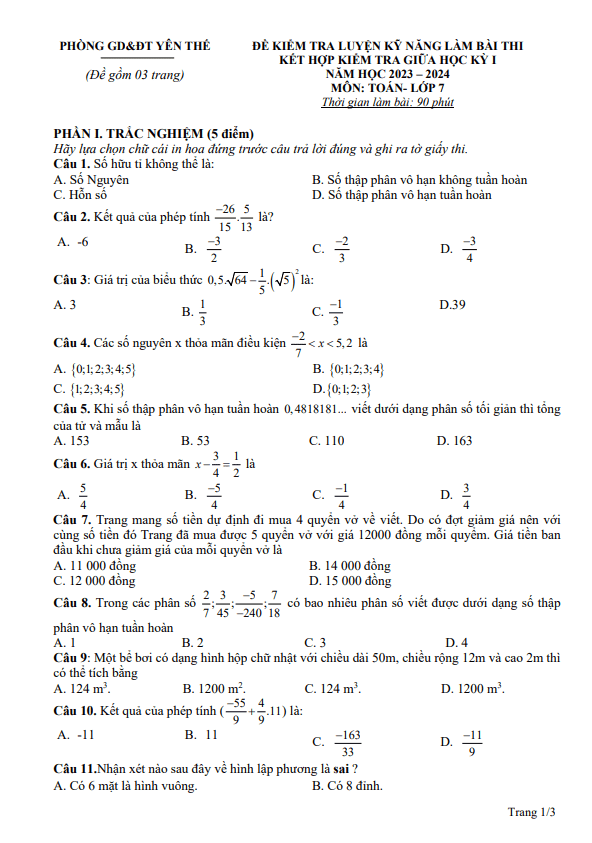 Đề giữa học kỳ 1 Toán 7 năm 2023 – 2024 phòng GD&ĐT Yên Thế – Bắc Giang