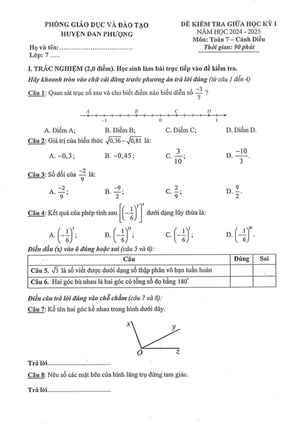 Đề giữa học kỳ 1 Toán 7 năm 2024 – 2025 phòng GD&ĐT Đan Phượng – Hà Nội