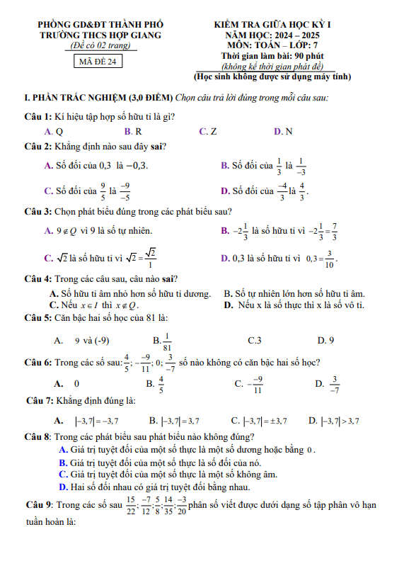 Đề giữa học kỳ 1 Toán 7 năm 2024 – 2025 trường THCS Hợp Giang – Cao Bằng