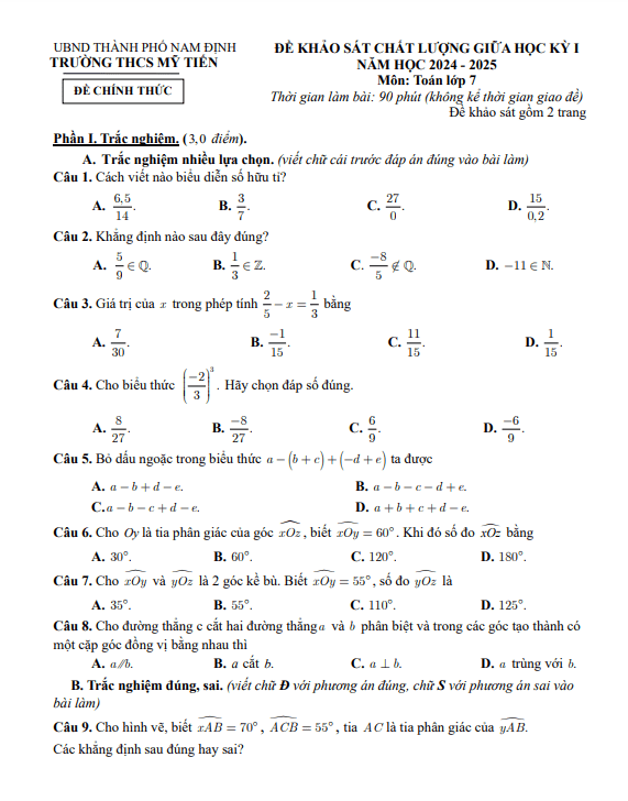Đề giữa học kỳ 1 Toán 7 năm 2024 – 2025 trường THCS Mỹ Tiến – Nam Định