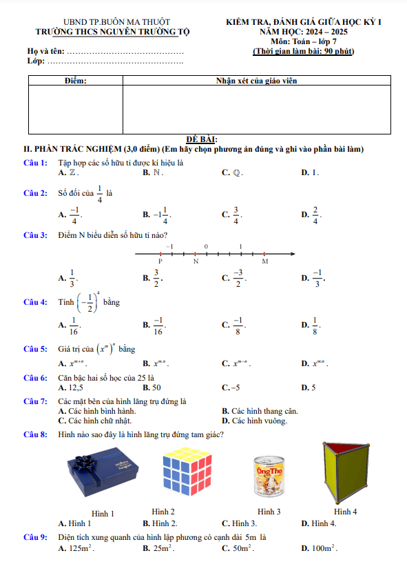 Đề giữa học kỳ 1 Toán 7 năm 2024 – 2025 trường THCS Nguyễn Trường Tộ – Đắk Lắk