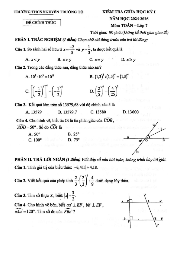 Đề giữa học kỳ 1 Toán 7 năm 2024 – 2025 trường THCS Nguyễn Trường Tộ – Hà Nội