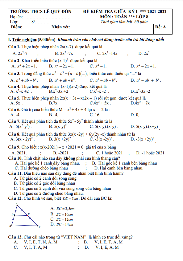 Đề giữa học kỳ 1 Toán 8 năm 2021 – 2022 trường THCS Lê Quý Đôn – Quảng Nam