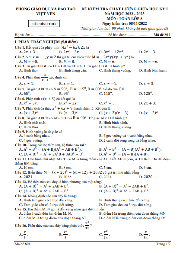 Đề giữa học kỳ 1 Toán 8 năm 2022 – 2023 phòng GD&ĐT Việt Yên – Bắc Giang