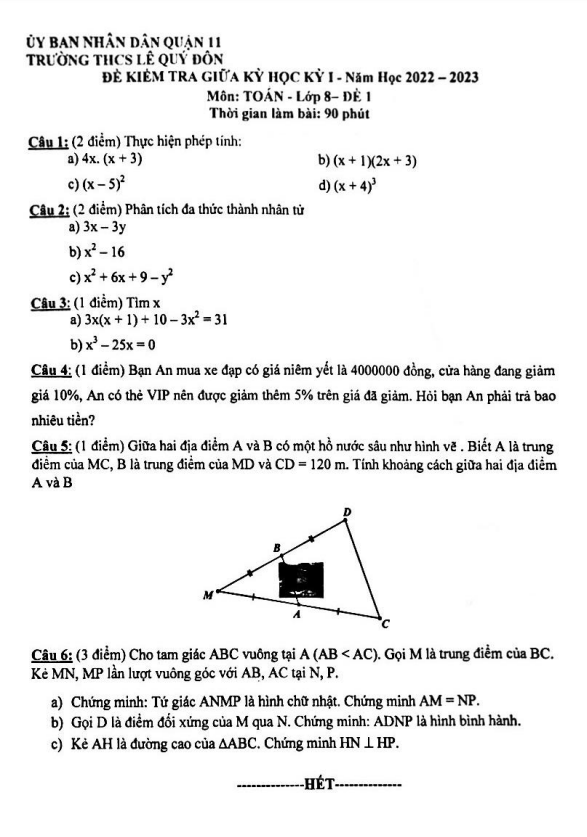 Đề giữa học kỳ 1 Toán 8 năm 2022 – 2023 trường THCS Lê Quý Đôn – TP HCM