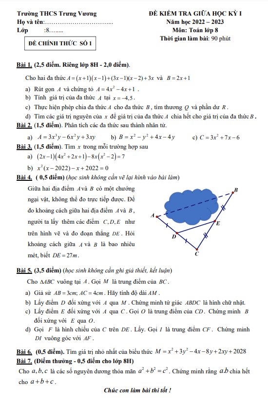 Đề giữa học kỳ 1 Toán 8 năm 2022 – 2023 trường THCS Trưng Vương – Hà Nội