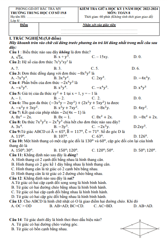 Đề giữa học kỳ 1 Toán 8 năm 2023 – 2024 trường THCS 19.8 – Quảng Nam