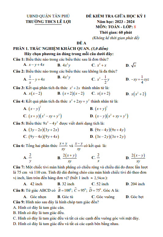 Đề giữa học kỳ 1 Toán 8 năm 2023 – 2024 trường THCS Lê Lợi – TP HCM