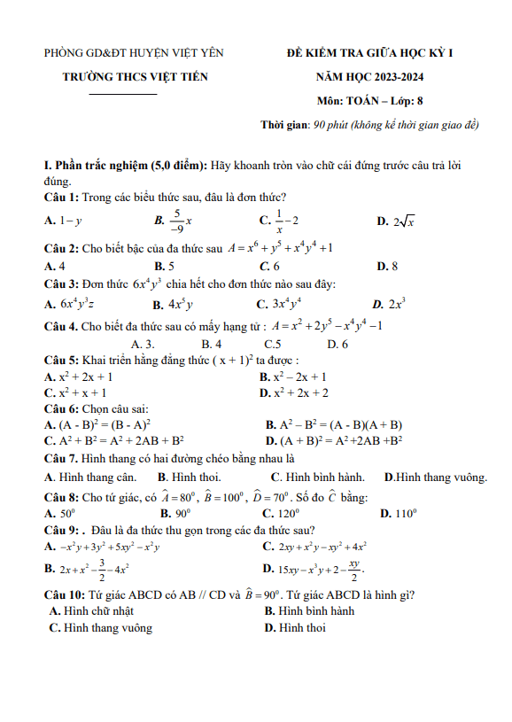 Đề giữa học kỳ 1 Toán 8 năm 2023 – 2024 trường THCS Việt Tiến – Bắc Giang