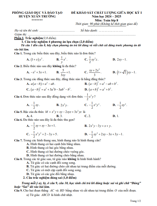 Đề giữa học kỳ 1 Toán 8 năm 2024 – 2025 phòng GD&ĐT Xuân Trường – Nam Định