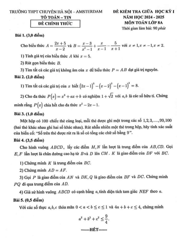 Đề giữa học kỳ 1 Toán 8 năm 2024 – 2025 trường chuyên Hà Nội – Amsterdam