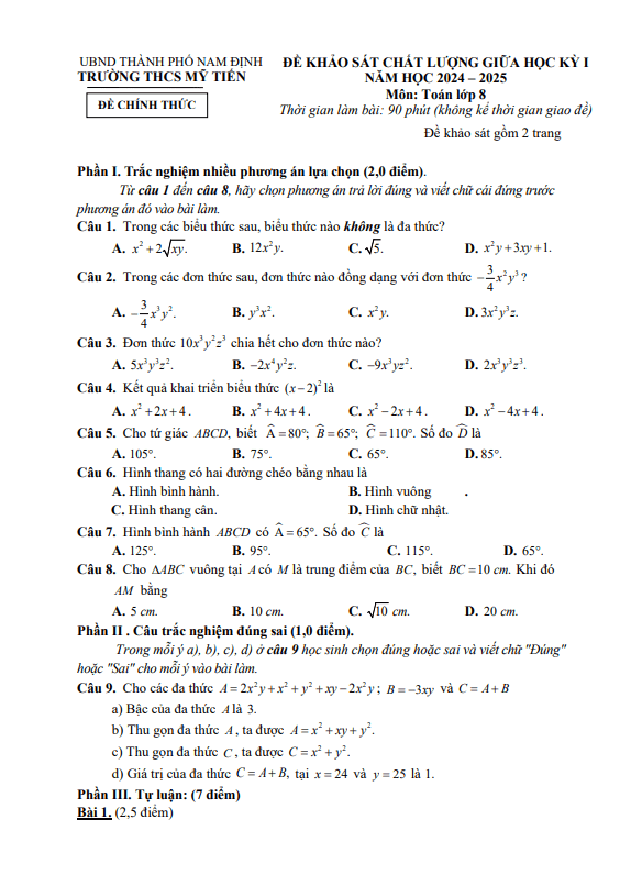 Đề giữa học kỳ 1 Toán 8 năm 2024 – 2025 trường THCS Mỹ Tiến – Nam Định