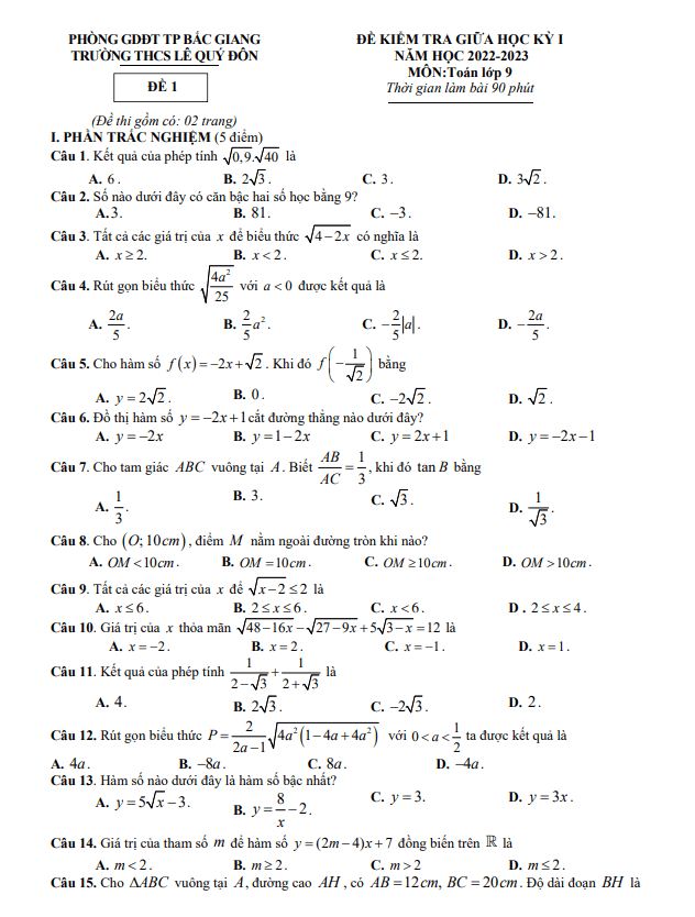 Đề giữa học kỳ 1 Toán 9 năm 2022 – 2023 trường THCS Lê Quý Đôn – Bắc Giang