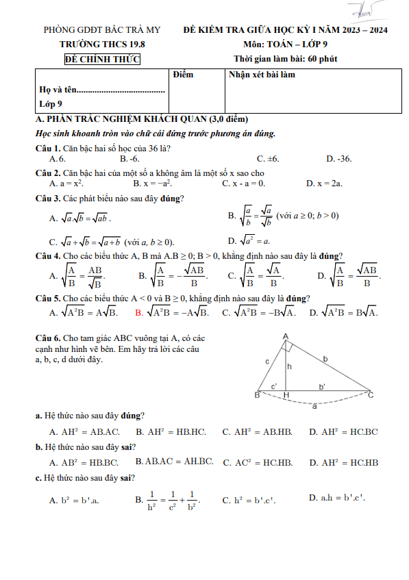 Đề giữa học kỳ 1 Toán 9 năm 2023 – 2024 trường THCS 19.8 – Quảng Nam