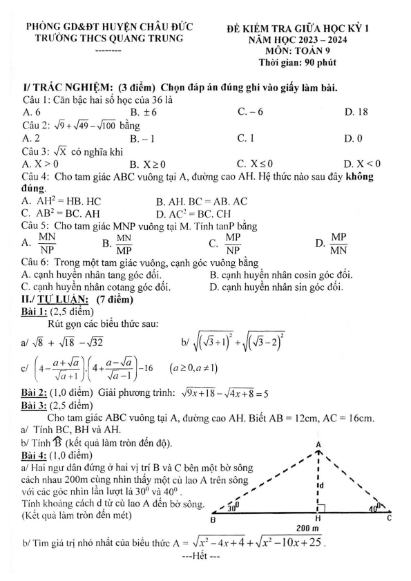 Đề giữa học kỳ 1 Toán 9 năm 2023 – 2024 trường THCS Quang Trung – BR VT
