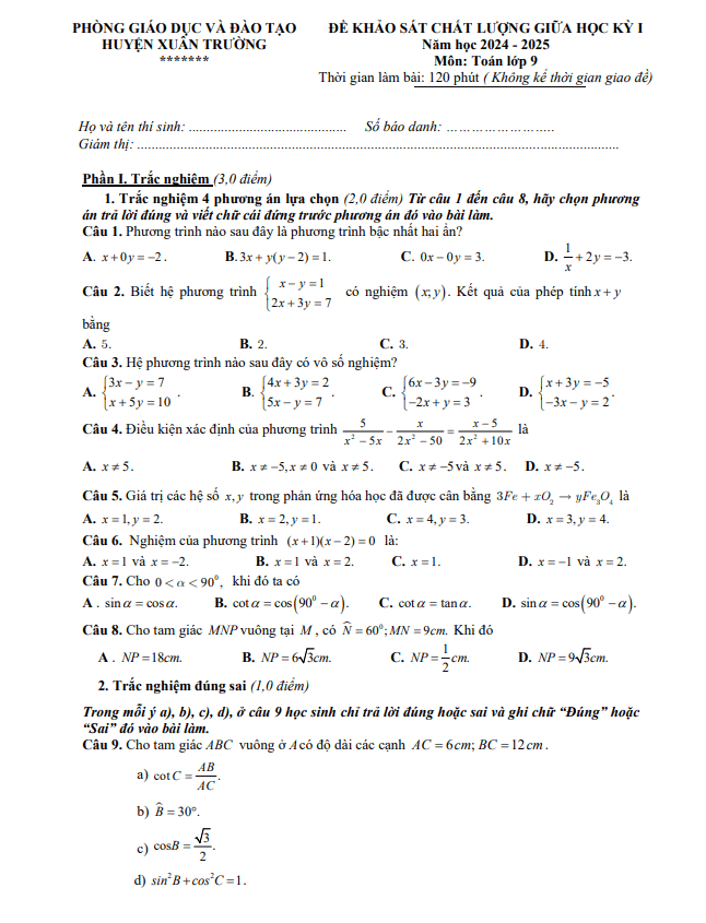 Đề giữa học kỳ 1 Toán 9 năm 2024 – 2025 phòng GD&ĐT Xuân Trường – Nam Định