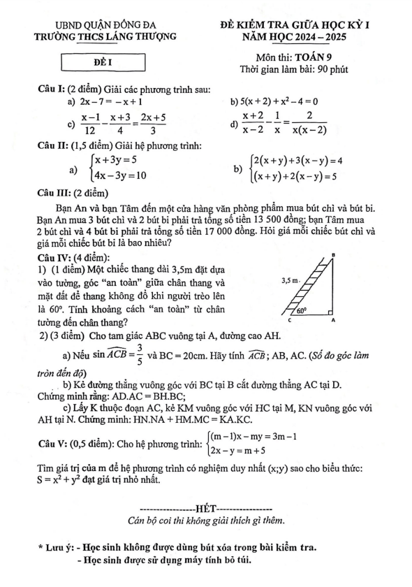 Đề giữa học kỳ 1 Toán 9 năm 2024 – 2025 trường THCS Láng Thượng – Hà Nội