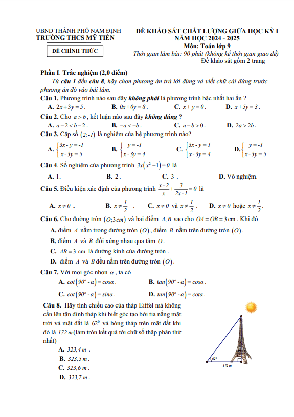 Đề giữa học kỳ 1 Toán 9 năm 2024 – 2025 trường THCS Mỹ Tiến – Nam Định
