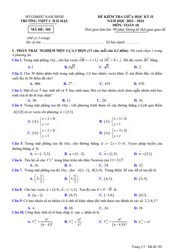 Đề giữa học kỳ 2 Toán 10 năm 2023 – 2024 trường THPT C Hải Hậu – Nam Định