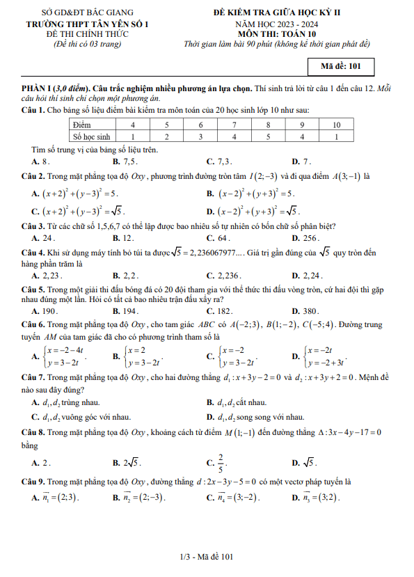Đề giữa học kỳ 2 Toán 10 năm 2023 – 2024 trường THPT Tân Yên 1 – Bắc Giang