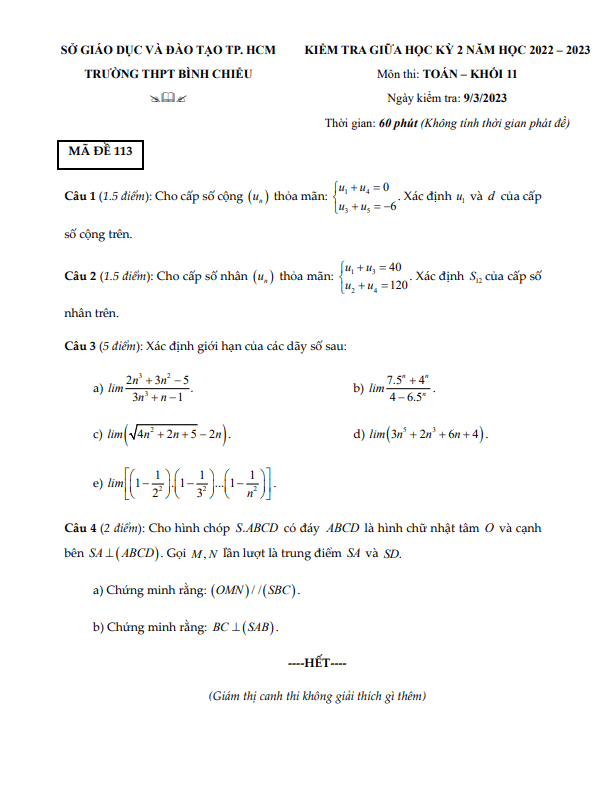Đề giữa học kỳ 2 Toán 11 năm 2022 – 2023 trường THPT Bình Chiểu – TP HCM