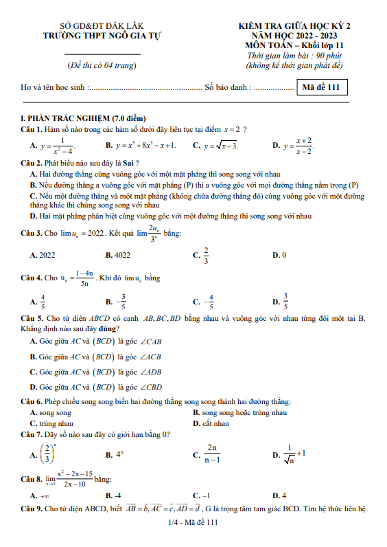 Đề giữa học kỳ 2 Toán 11 năm 2022 – 2023 trường THPT Ngô Gia Tự – Đắk Lắk