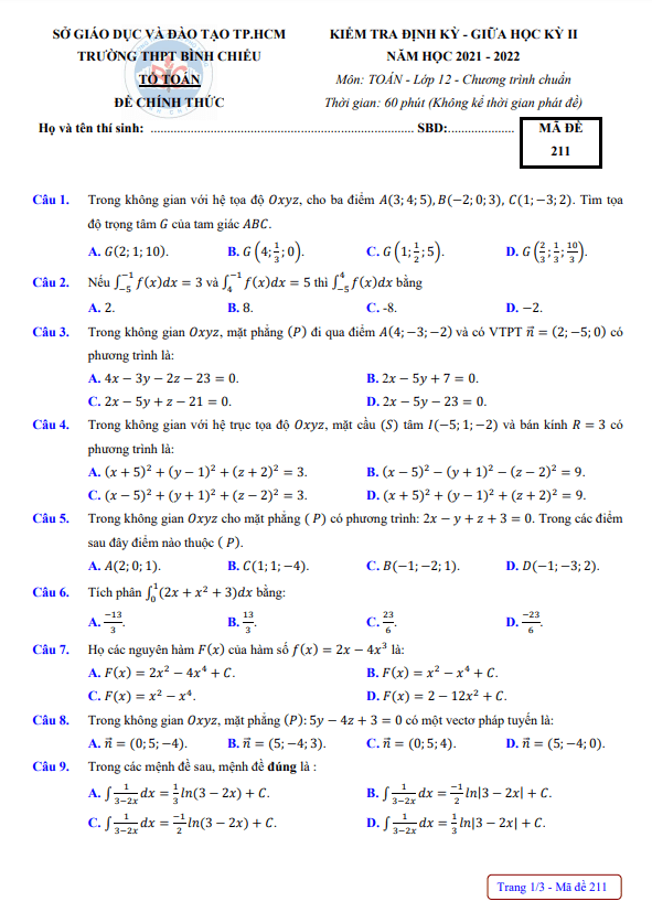 Đề giữa học kỳ 2 Toán 12 năm 2021 – 2022 trường THPT Bình Chiểu – TP HCM