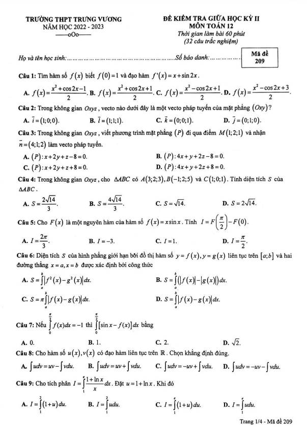 Đề giữa học kỳ 2 Toán 12 năm 2022 – 2023 trường THPT Trưng Vương – TP HCM