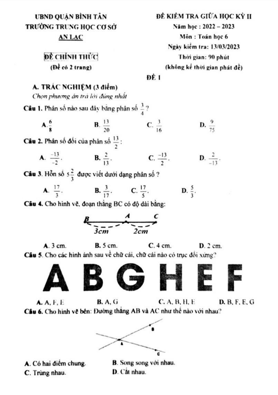 Đề giữa học kỳ 2 Toán 6 năm 2022 – 2023 trường THCS An Lạc – TP HCM