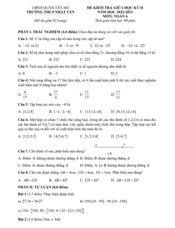 Đề giữa học kỳ 2 Toán 6 năm 2022 – 2023 trường THCS Nhật Tân – Hà Nội