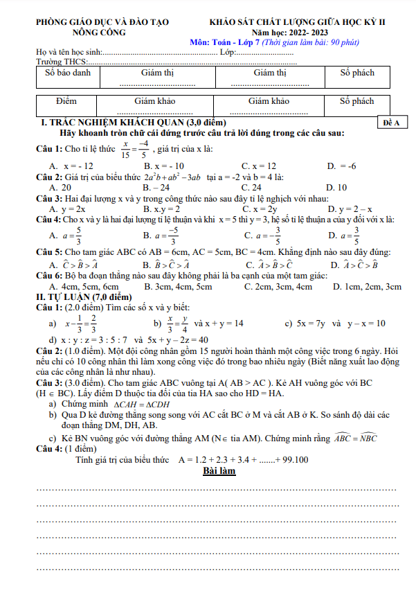 Đề giữa học kỳ 2 Toán 7 năm 2022 – 2023 phòng GD&ĐT Nông Cống – Thanh Hóa