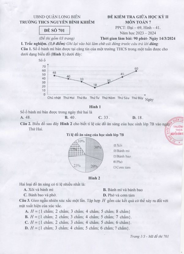 Đề giữa học kỳ 2 Toán 7 năm 2023 – 2024 trường THCS Nguyễn Bỉnh Khiêm – Hà Nội