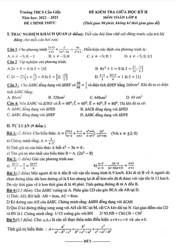 Đề giữa học kỳ 2 Toán 8 năm 2022 – 2023 trường THCS Cầu Giấy – Hà Nội