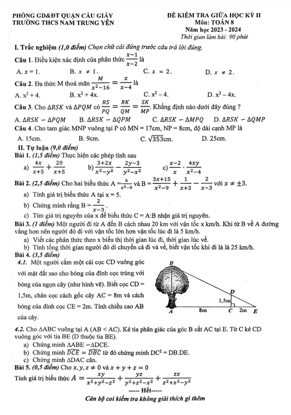 Đề giữa học kỳ 2 Toán 8 năm 2023 – 2024 trường THCS Nam Trung Yên – Hà Nội