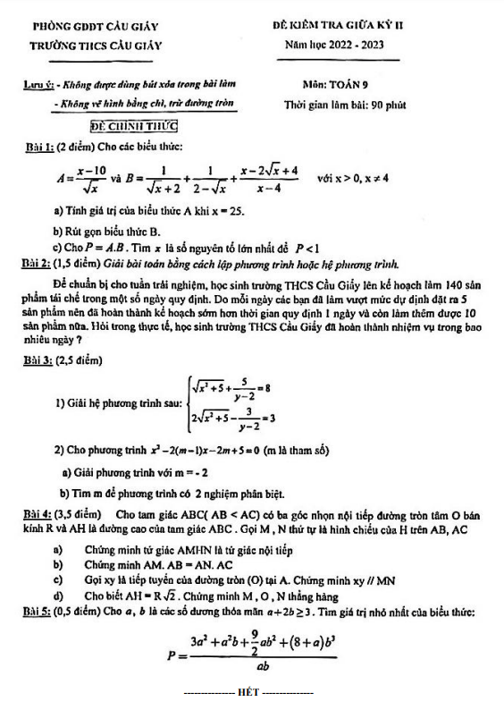 Đề giữa học kỳ 2 Toán 9 năm 2022 – 2023 trường THCS Cầu Giấy – Hà Nội