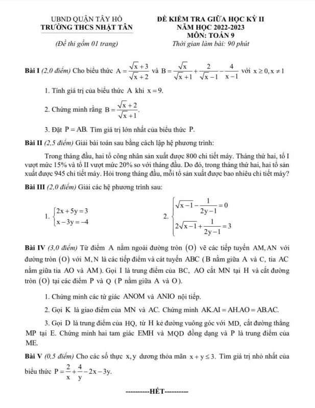 Đề giữa học kỳ 2 Toán 9 năm 2022 – 2023 trường THCS Nhật Tân – Hà Nội