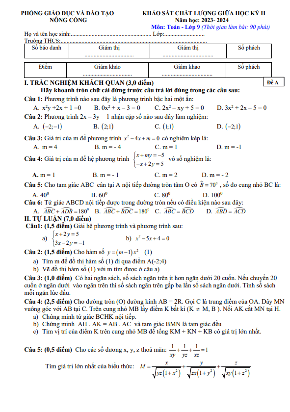 Đề giữa học kỳ 2 Toán 9 năm 2023 – 2024 phòng GD&ĐT Nông Cống – Thanh Hóa