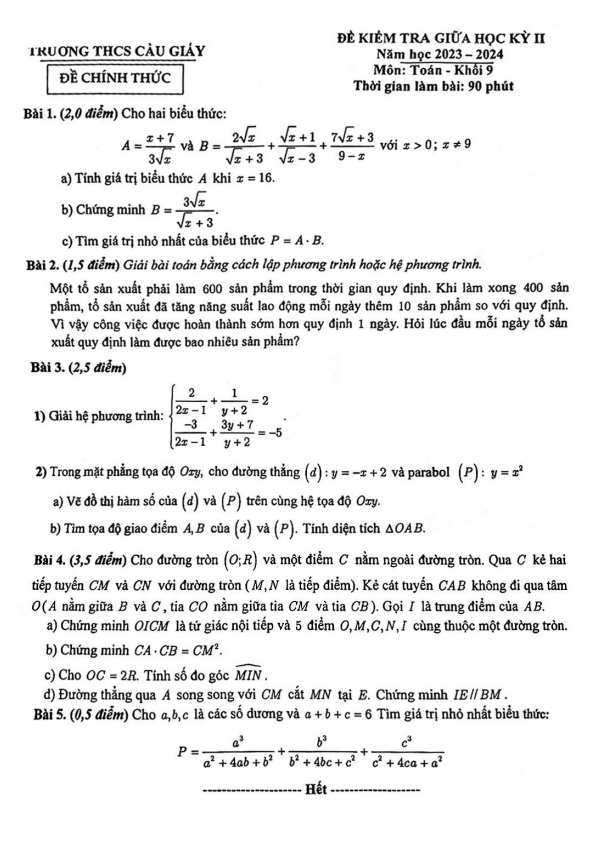 Đề giữa học kỳ 2 Toán 9 năm 2023 – 2024 trường THCS Cầu Giấy – Hà Nội