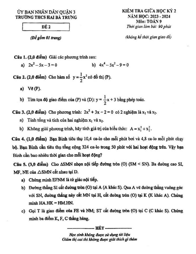 Đề giữa học kỳ 2 Toán 9 năm 2023 – 2024 trường THCS Hai Bà Trưng – TP HCM