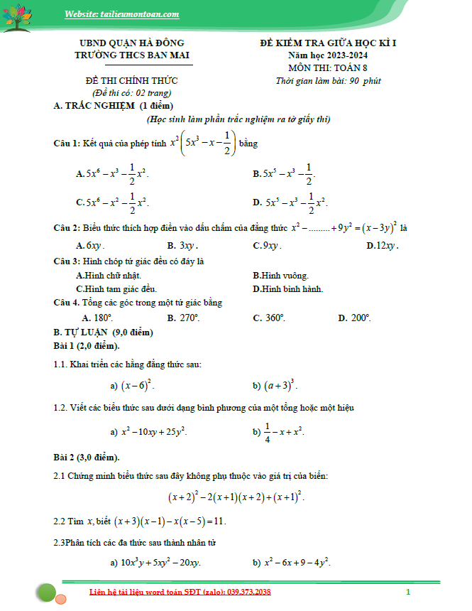 Đề giữa kì 1 môn toán lớp 8 Hà nội năm 2023-2024