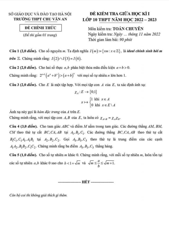 Đề giữa kì 1 Toán 10 chuyên năm 2022 – 2023 trường THPT Chu Văn An – Hà Nội