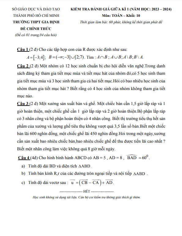 Đề giữa kì 1 Toán 10 năm 2023 – 2024 trường THPT Gia Định – TP HCM